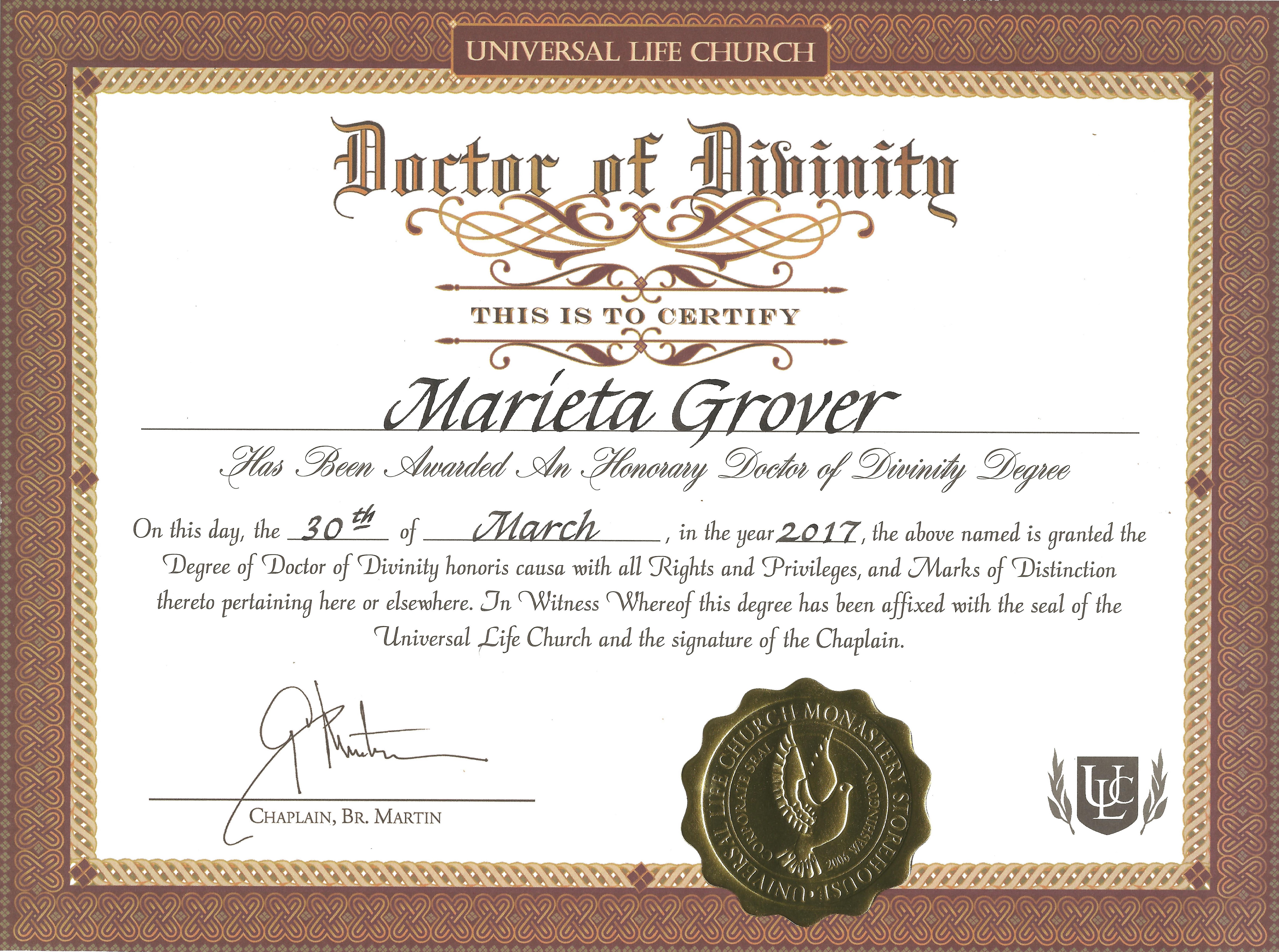 Doctor of Divinity Certificate